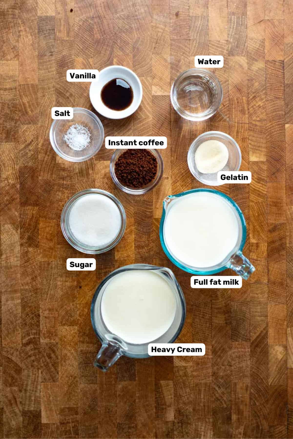Ingredients to make coffee panna cotta.