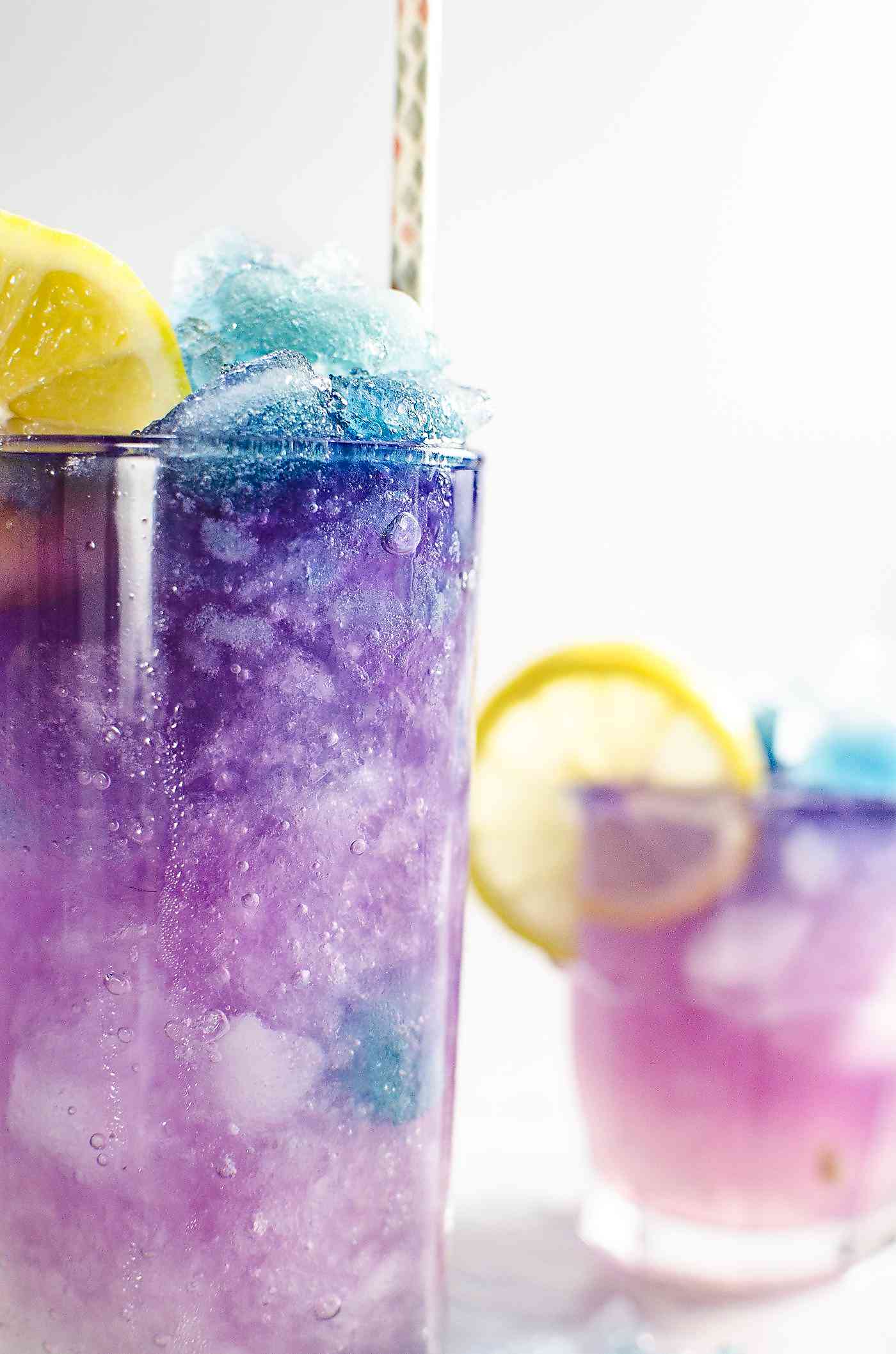 Close up of the color changing galaxy lemonade to show the colorful galaxy effect created with crushed ice.