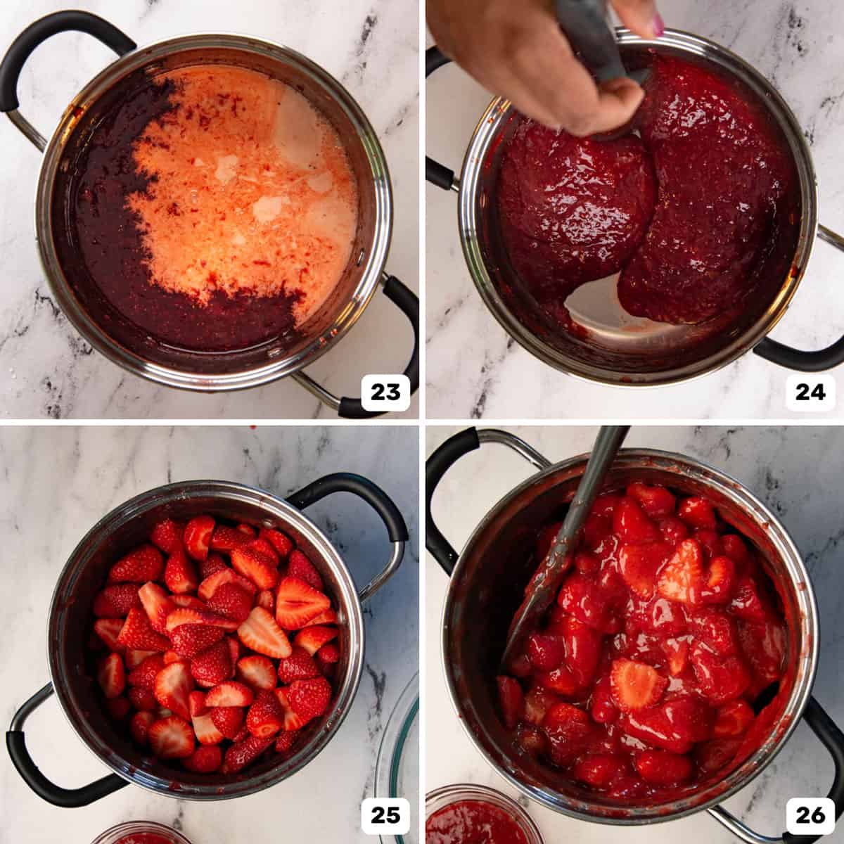 Cooking the strawberry filling and mixing fresh strawberries with the strawberry base.