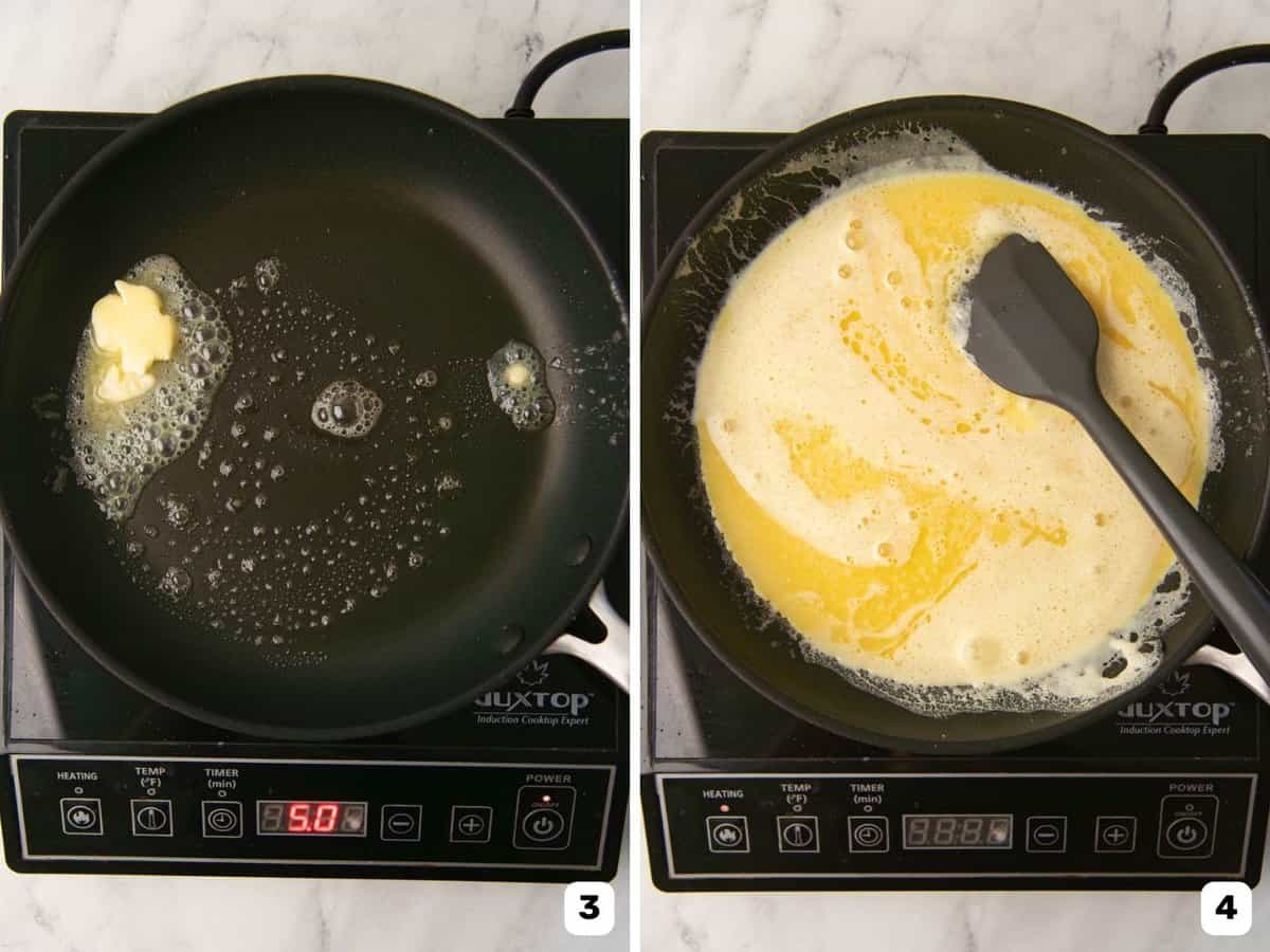 Adding butter to pan, followed by blended eggs to make fluffy scrambled eggs.