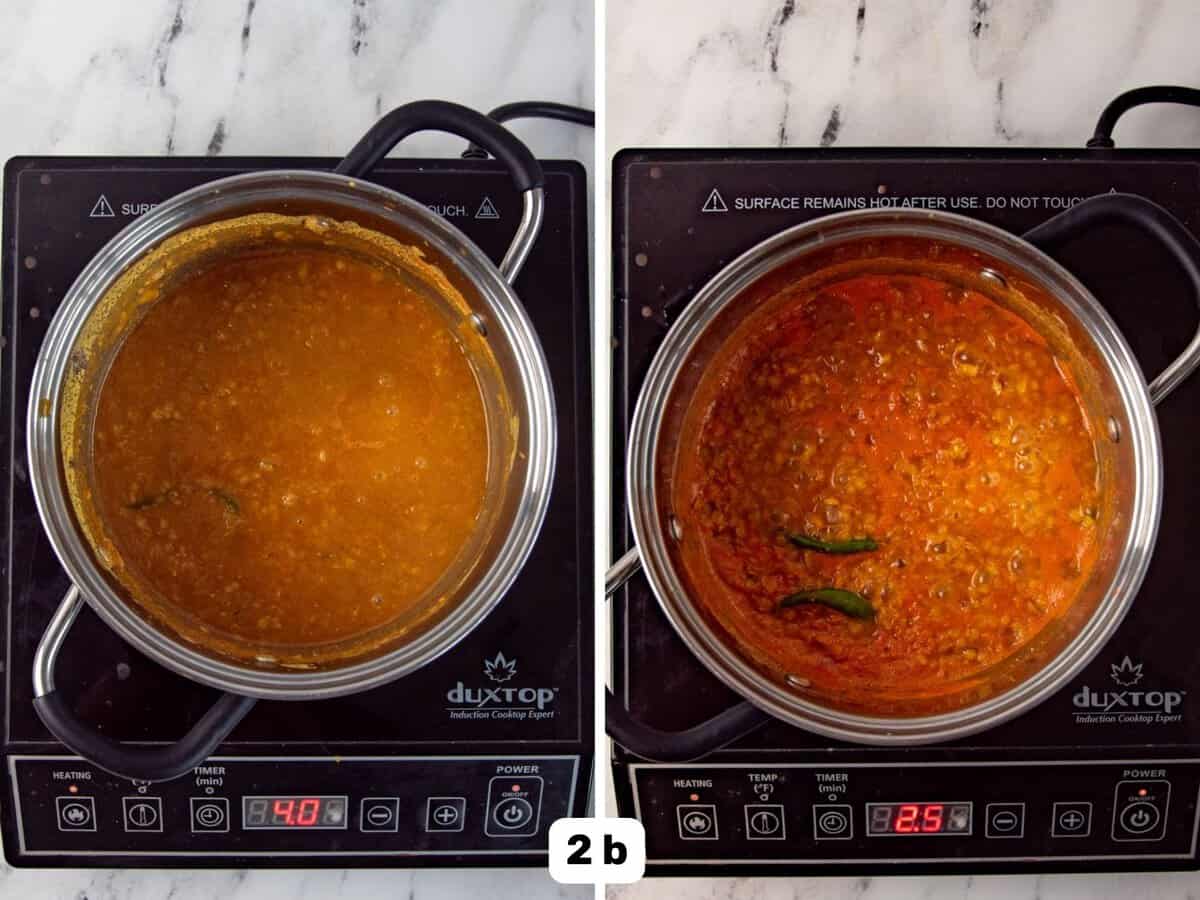 Simmering red lentil curry with spices until softened in a stainless steel pot the stove.