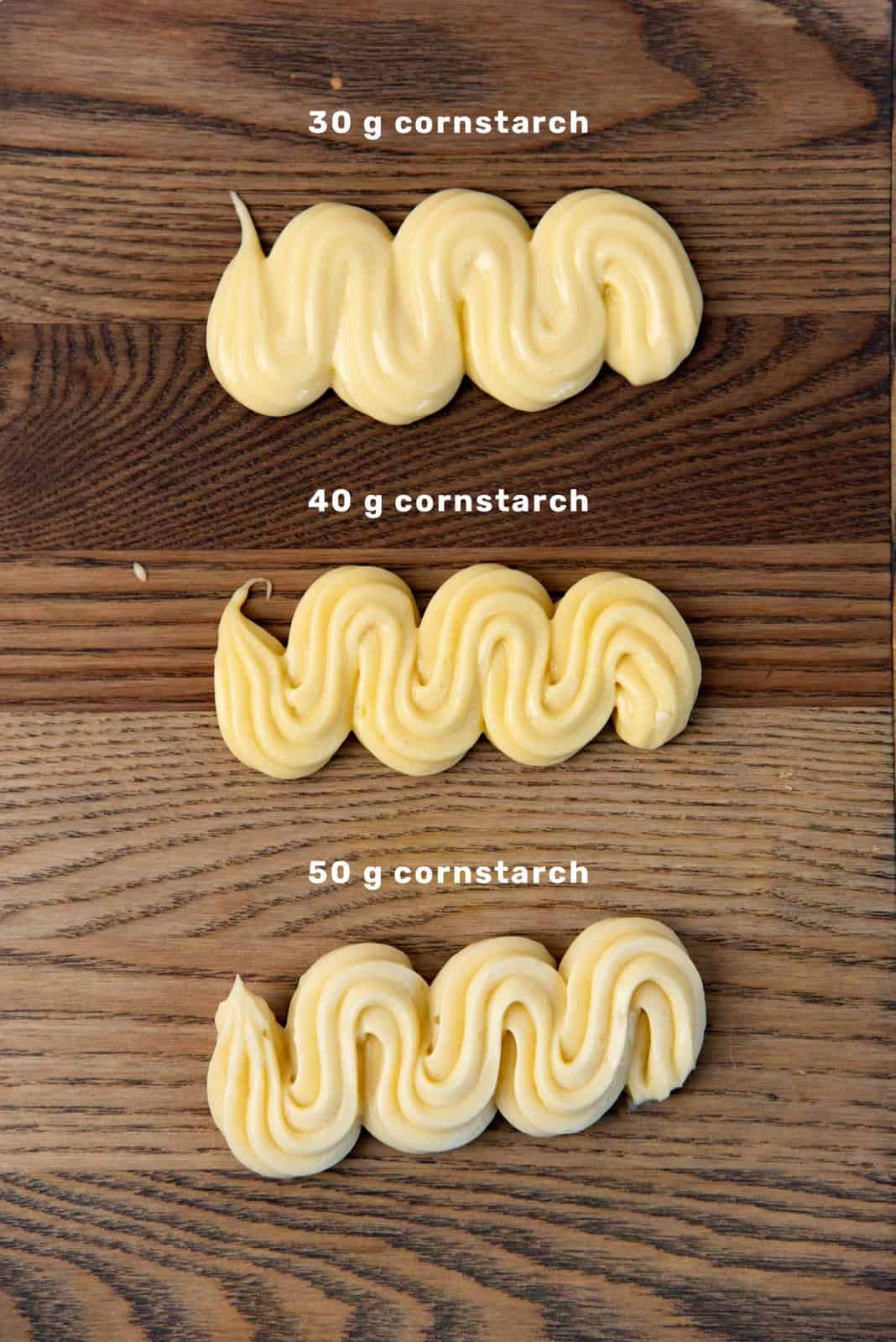 Overhead view of wavy piped lines of pastry cream showing texture differences with varying cornstarch amounts. Less cornstarch and more runny at top, and the firmer pastry cream at the bottom. 