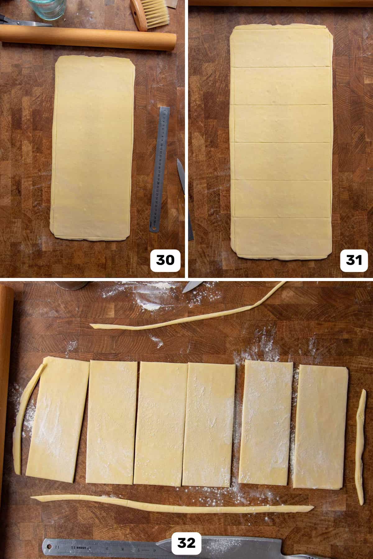 Rolling out the dough for final time, then marking and cutting it to get individual portions.