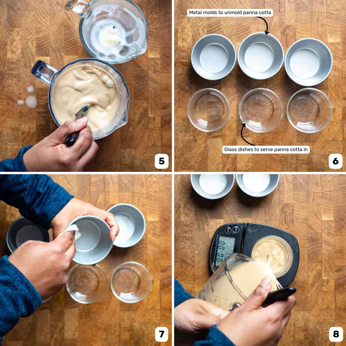 Dividing coffee panna cotta mixture between metal molds and small glass dishes.