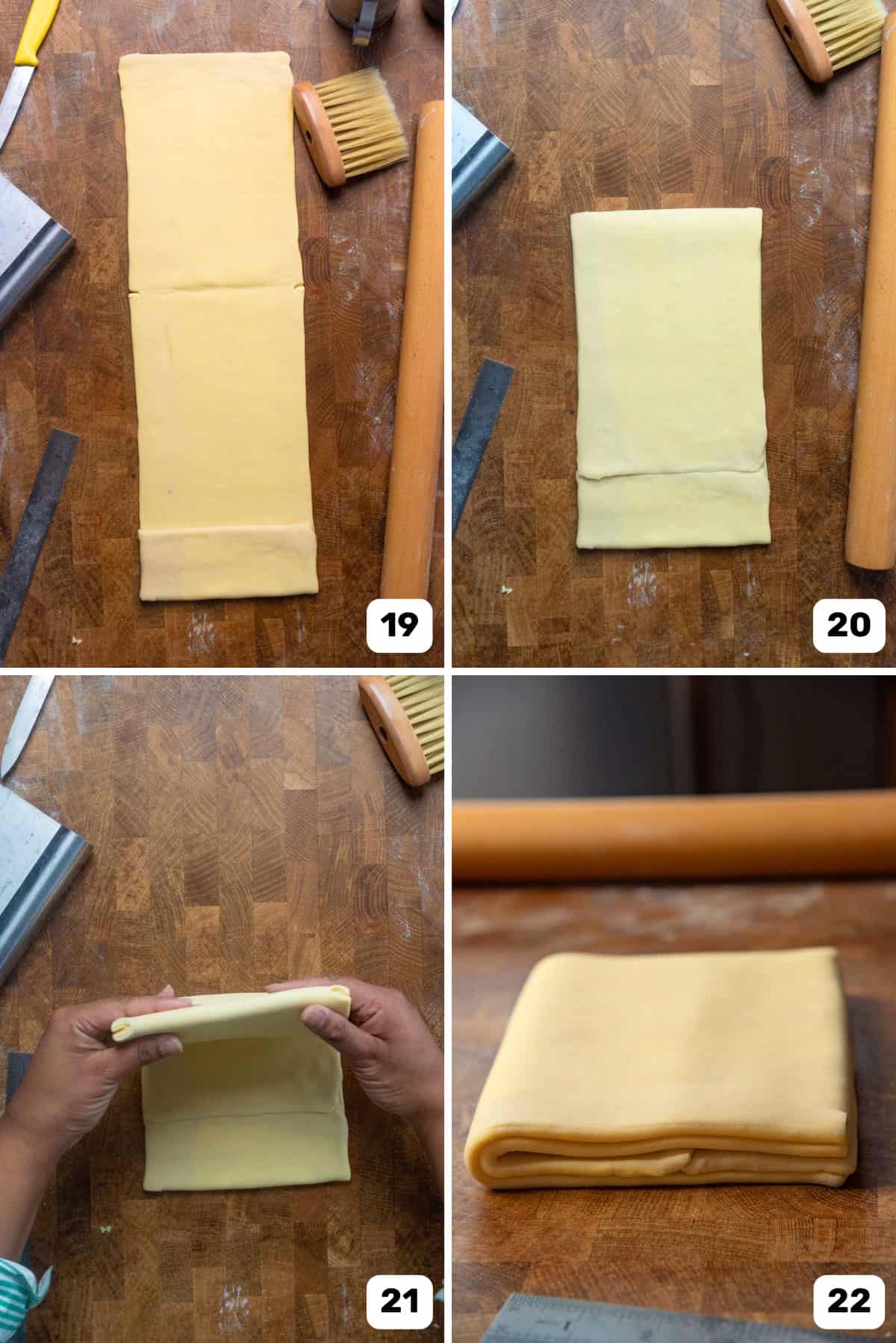 Rolling out and folding the dough on a work surface for an offset book fold to start laminating the dough.