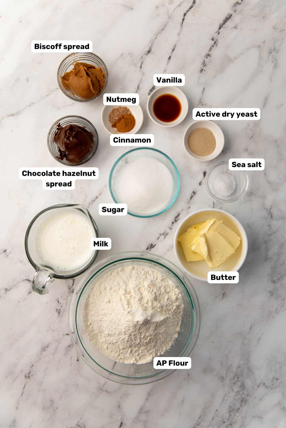Labeled ingredients needed to make Easter bunny buns (Easter bread rolls).