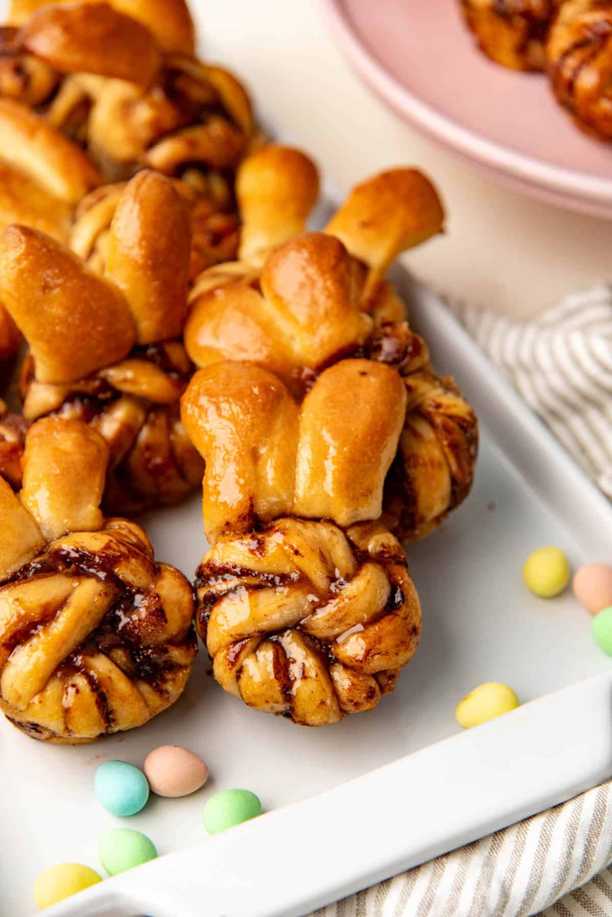 Close up of the bunny buns showing the bunny face and bunny ears of the Easter buns.