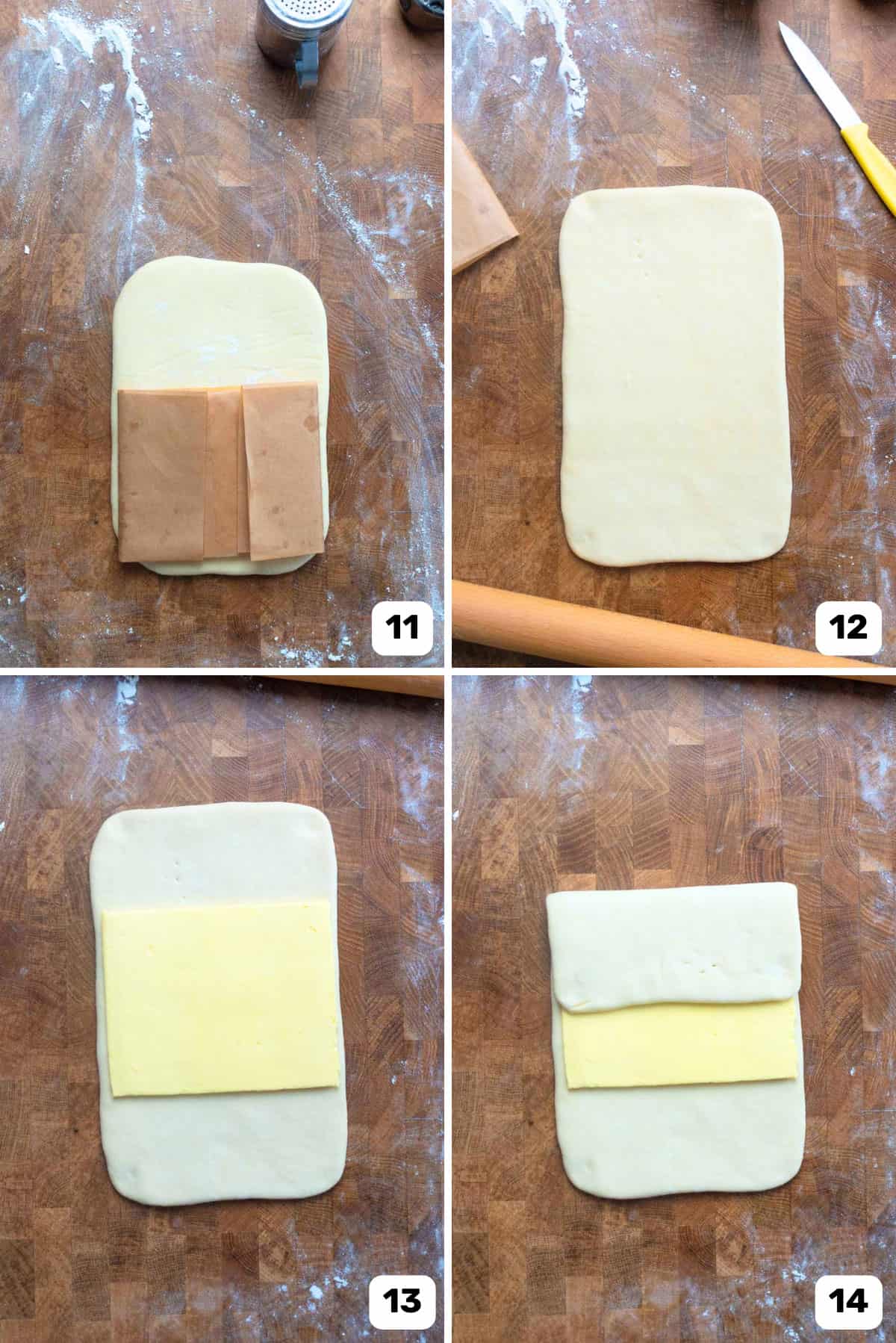 Placing the butter block on the dough and folding the dough over the butter to encase it.