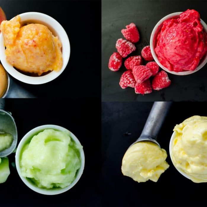 Easy Fruit Sorbet - Make sorbet with almost any kind of fruit any time you want! You only need 3 ingredients (not counting water)! Here are the tricks and tips to apply to your favourite fruits to make Sorbet! Raspberry Sorbet, Peach Sorbet, Honeydew Melon Sorbet, and Pineapple Sorbet!