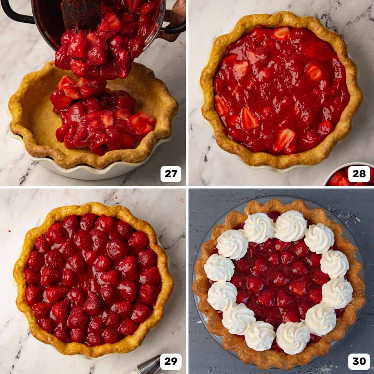 Filling the pie crust with strawberry base and decorating the strawberry pie with whipped cream.