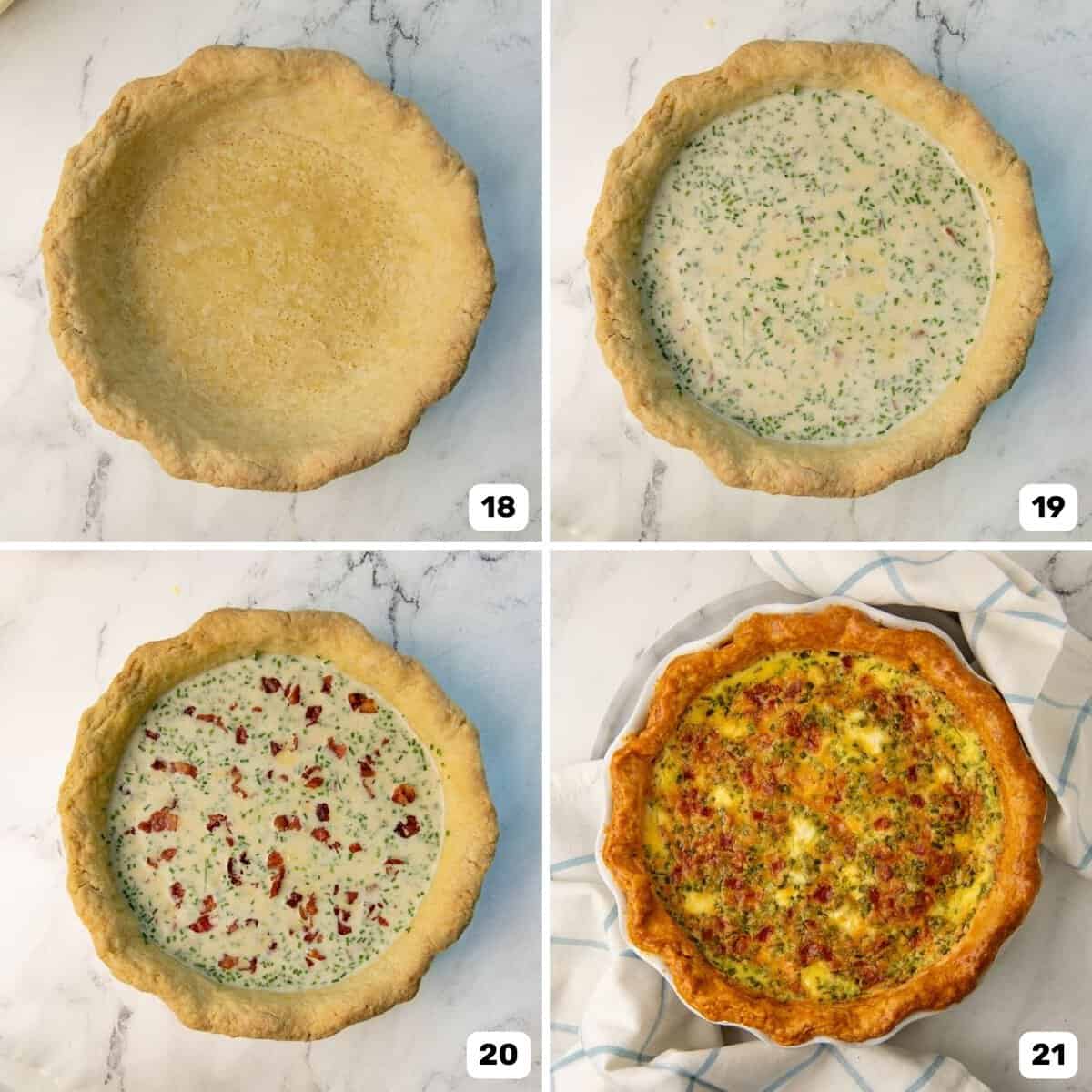 Step by step photos, of filling blind baked crust with quiche filling and baking.