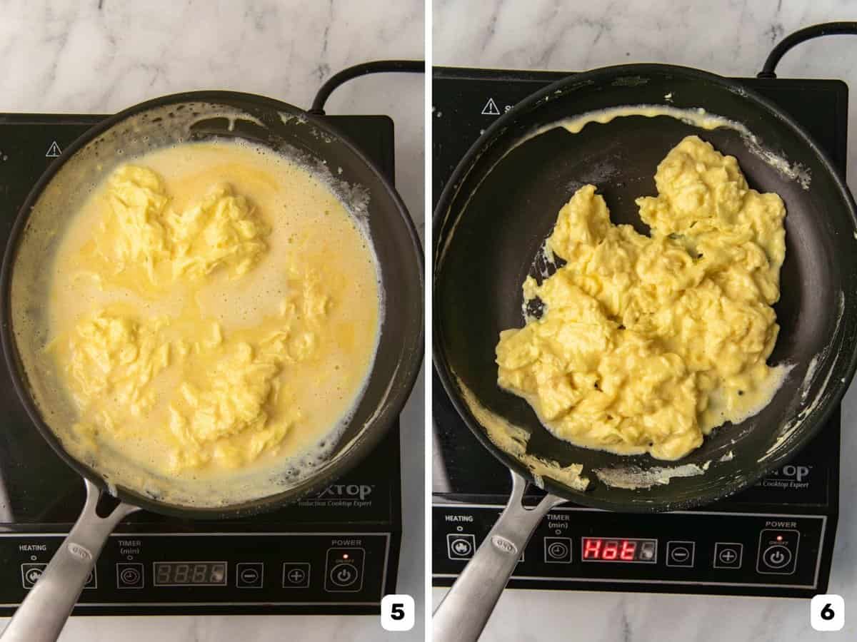 Mixing the eggs quickly to make soft egg curds to make perfect scrambled eggs.