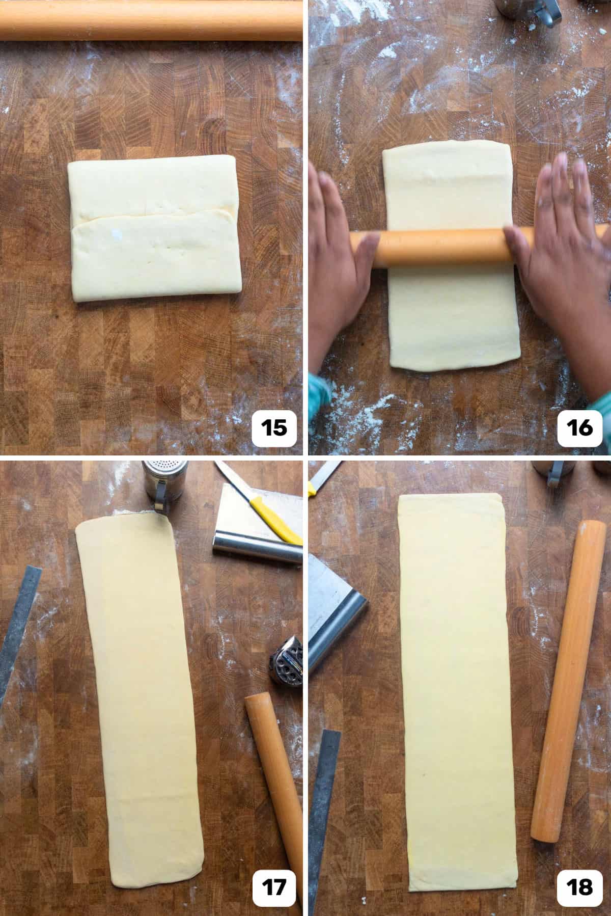 Rolling out the butter encased dough on a work surface with a rolling pin.