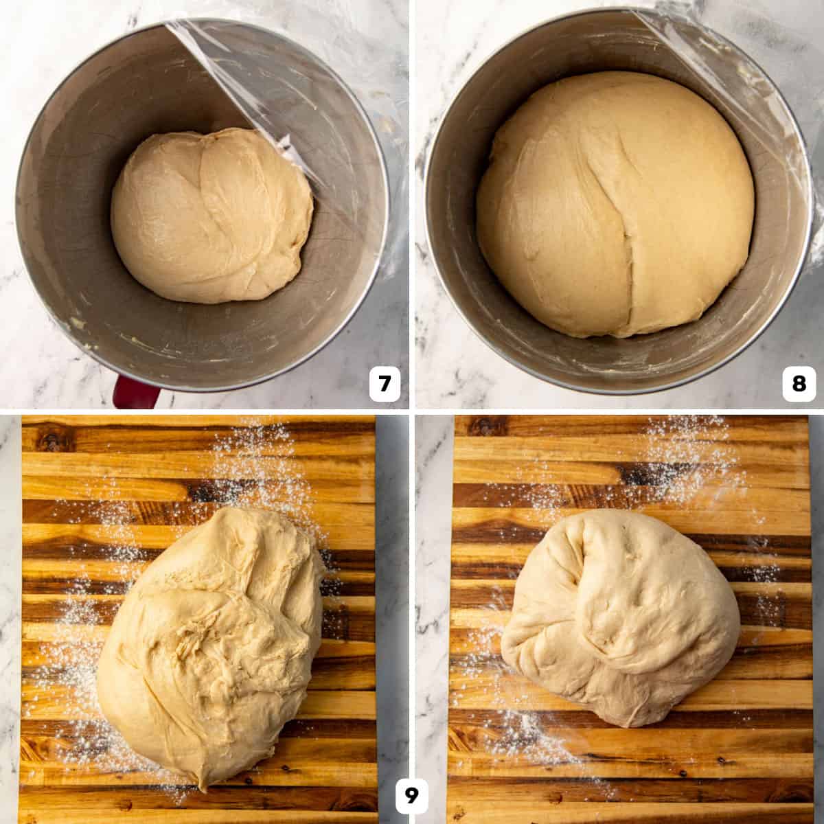 Proofing the dough in a mixer bowl and then removing extra gas from the dough on a lightly floured worktop.