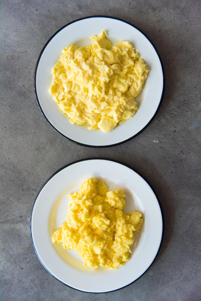 These scrambled eggs will make dry or wet scrambled eggs. Just cook these eggs a couple of seconds longer to help dry the eggs (Bottom). Cook it for a few seconds shorter for wet scrambled eggs (top).