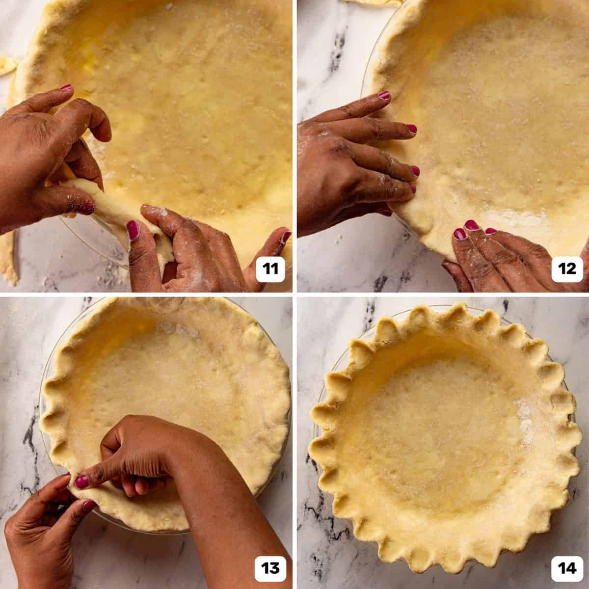 Fluting and preparing the pie crust edge in a pie plate.