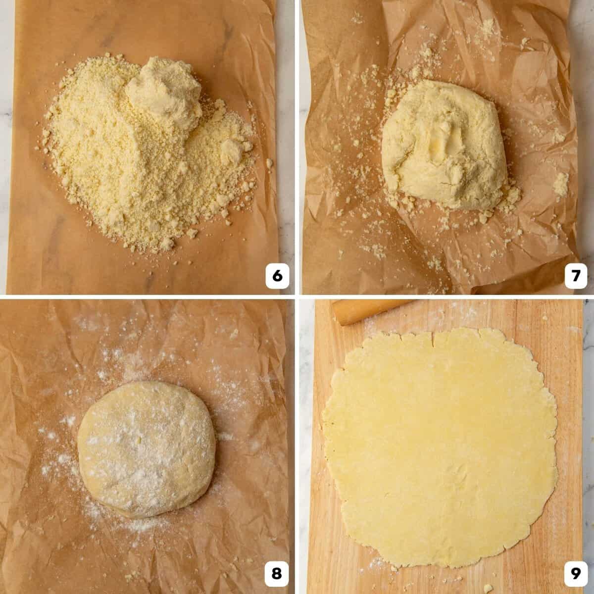 Forming the crust dough, and rolling it out to a thin crust.