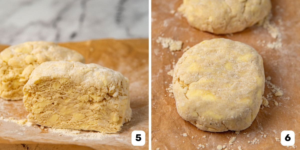 Splitting and shaping the pie crust dough.