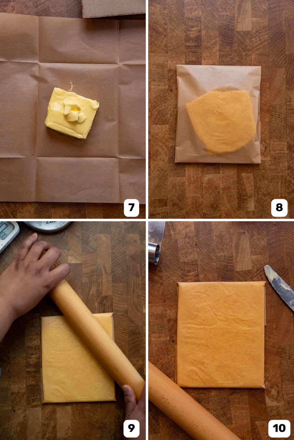 Making the butter block by placing cold butter on the parchment paper and folding the paper over the butter.