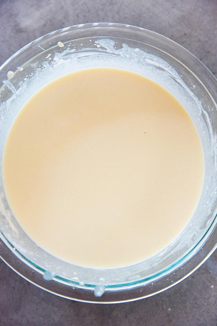 All the liquid has been mixed in, to make a smooth crepe batter. This can be made with a blender too.