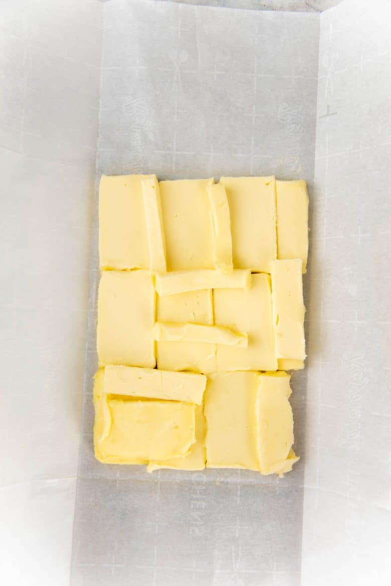 Butter slices arranged to make the butter block