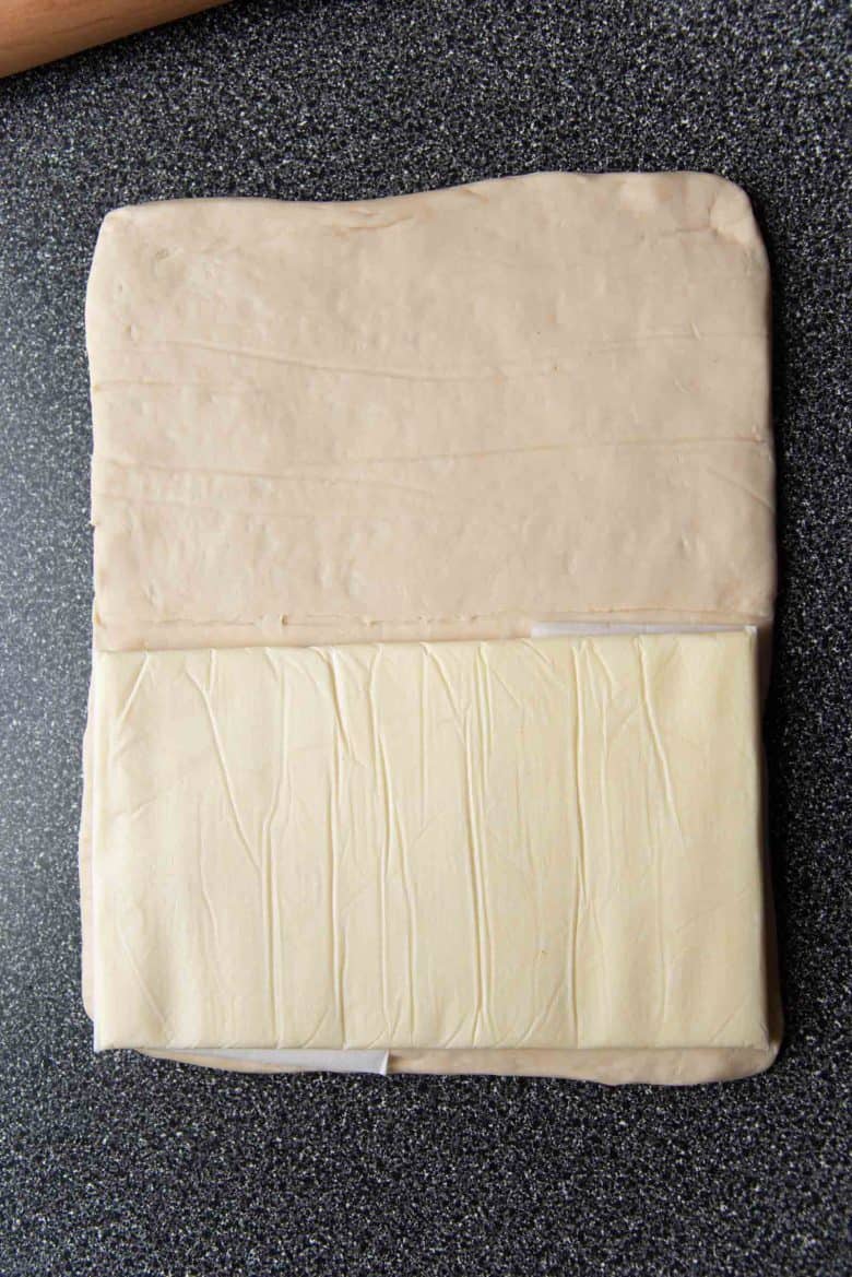 Comparing the size of the dough block and the butter block.