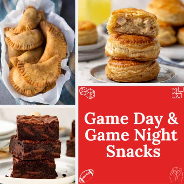 Game day & game night snacks showing fish empanada, mini chicken pies, and cocoa brownies.