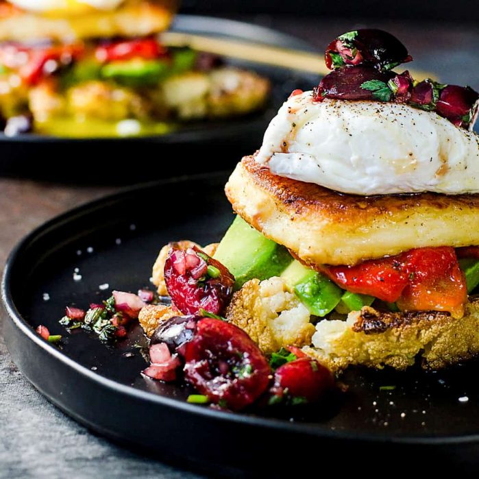 Roasted Cauliflower, Avocado and Fried Halloumi Breakfast with Cherry Salsa -  A gluten free breakfast or brunch meal with tons of delicious flavors! A delicious salty and soft slice of fried Halloumi served with creamy avocados, delicious cauliflower and red pepper and a fresh and herby cilantro mint cherry salsa!