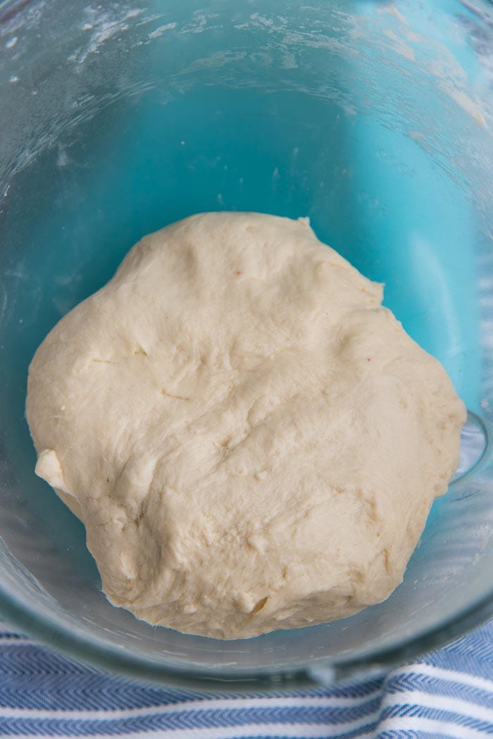 Soft, and tacky bread dough after being kneaded.