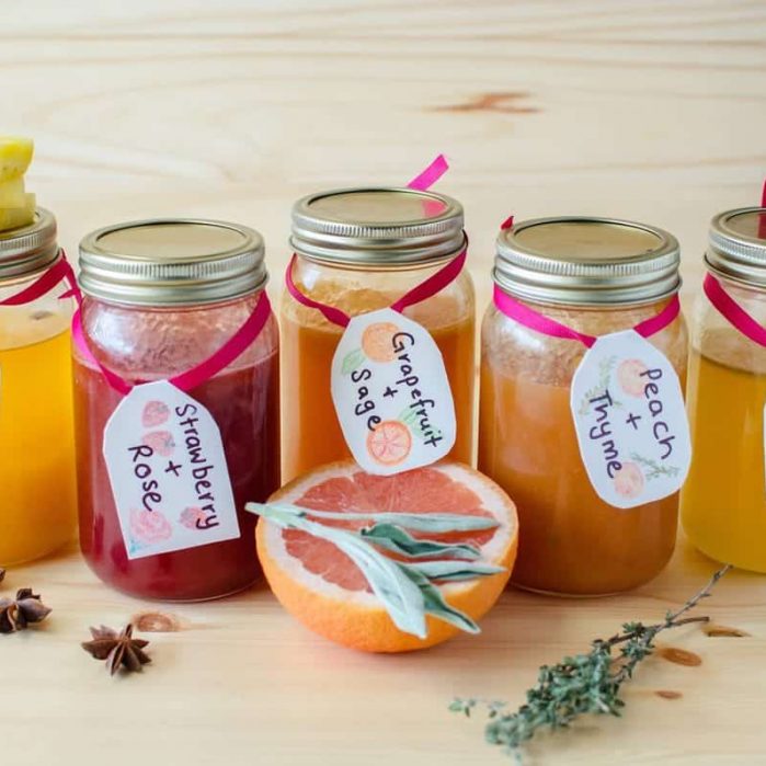 Homemade Soda Syrups - Delicious Fruit Syrups to make your own Sodas and cocktails! Choose from Grapefruit and Sage, Peach and Thyme, Strawberry and Rose, Lime and Lemongrass, and Pineapple and Star Anise