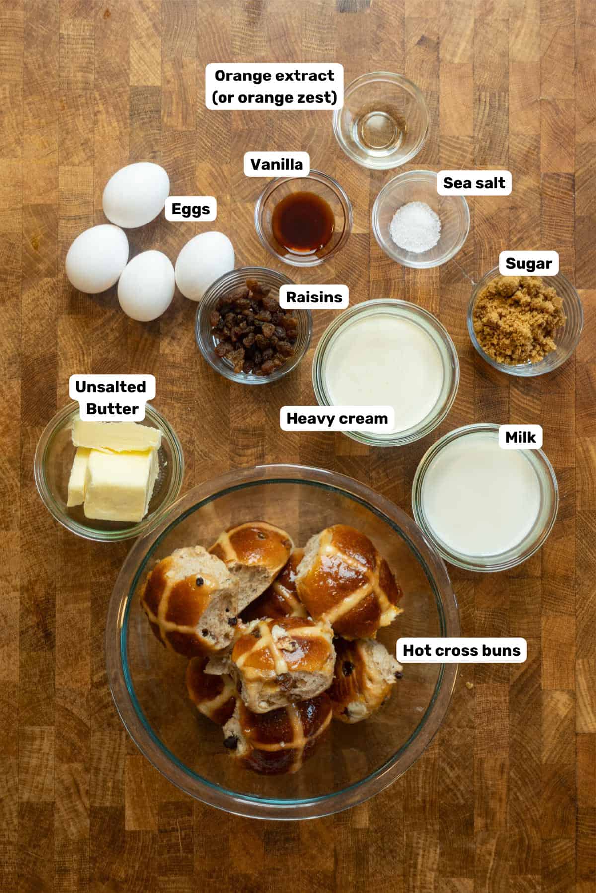 Labeled ingredients to make hot cross bun bread and butter pudding.