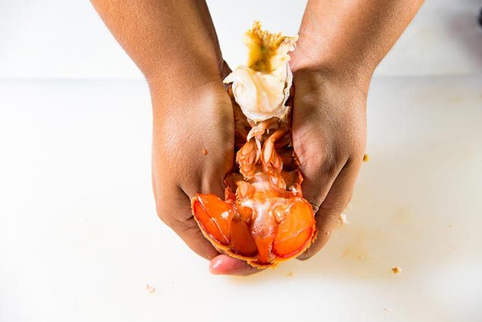 How to get the meat out from the lobster tail - The lobster tail underside being crushed between two palms.