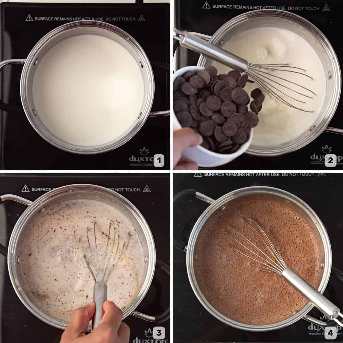 Collage showing how to make French hot chocolate, from heating the milk to adding and mixing chocolate chips.