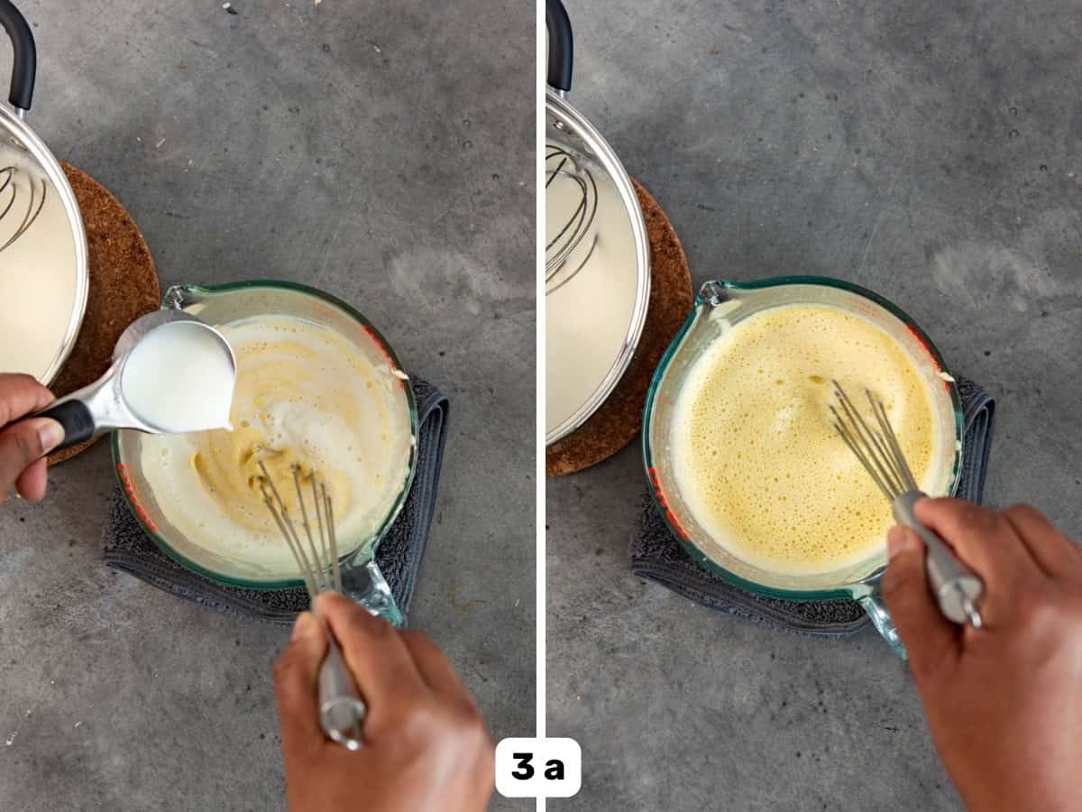 Two image collage showing how to temper egg mixture with hot milk, and using a whisk to mix the egg and milk mixture.