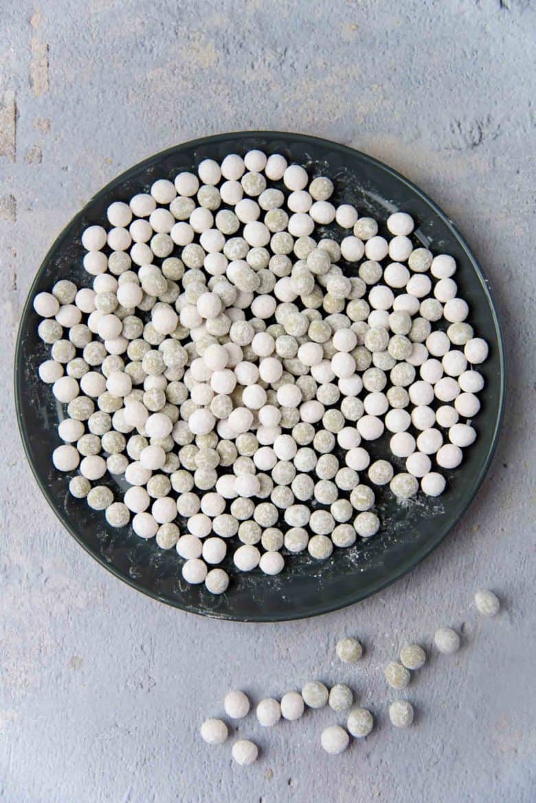 Plate of matcha boba pearls and clear boba pearls