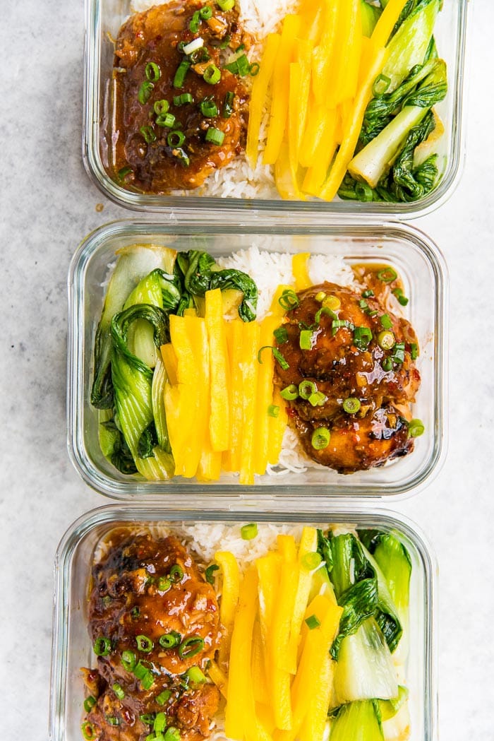 Instant pot honey soy chicken thighs used for meal prep lunch boxes for the week.