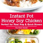 Instant Pot Honey Soy Chicken Thighs that is ready in 30 minutes and incredibly flavorful and easy to make! Perfect easy dinner for busy weeknights, and for meal prep lunches too. #InstantPotChicken #MealPrepRecipes #AsianChickenRecipes #EasyDinner #EasyLunch