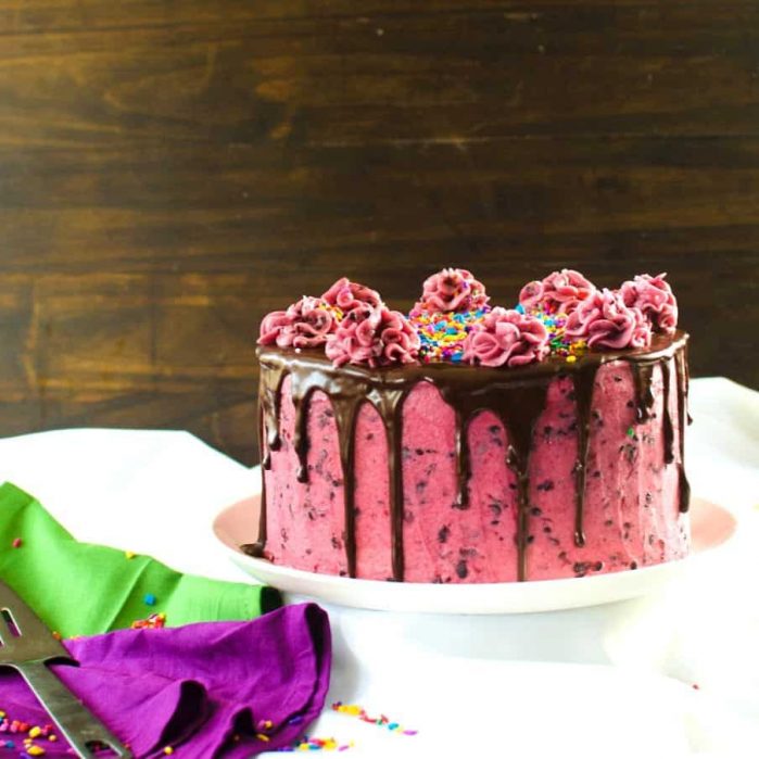 Kiwifruit Blackberry Vanilla Cake - A soft, delicious vanilla cake with a Lemon kiwifruit curd filling and a speckled blackberry buttercream frosting. A perfect celebratory cake complete with a Video Recipe!