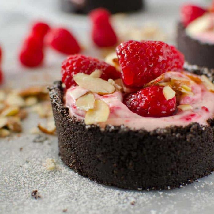 Easy and delicious No bake Cheesecake with Raspberry and Lavender Syrup with NO gelatin! Recipe created for A Dish of Daily Life.