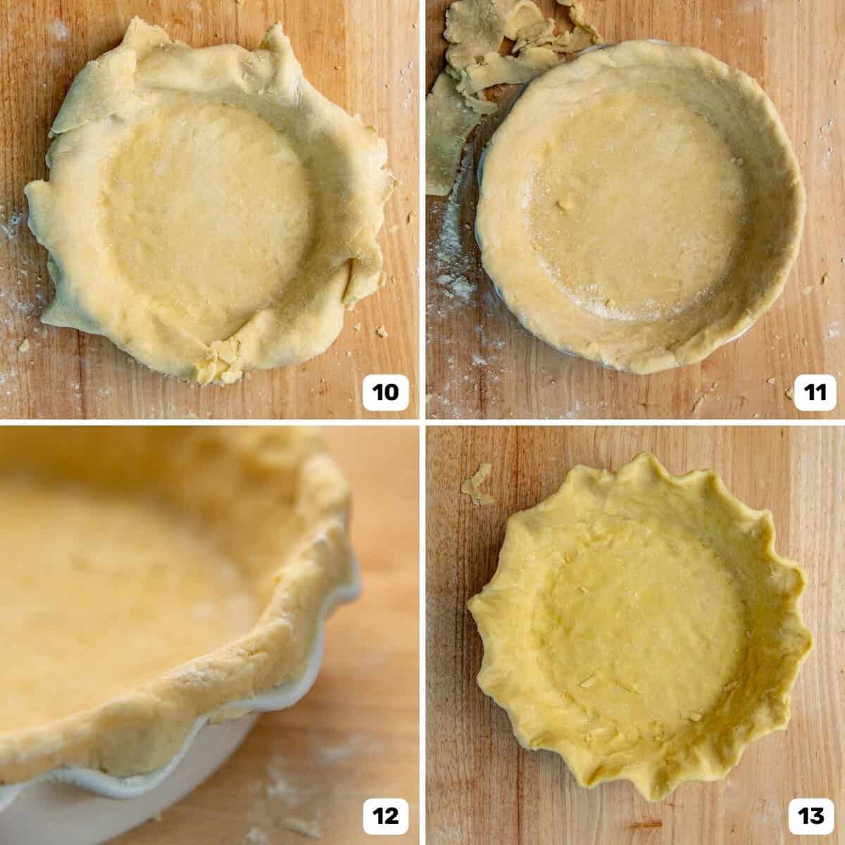 Lining the pan with quiche crust, and trimming and forming the edges.
