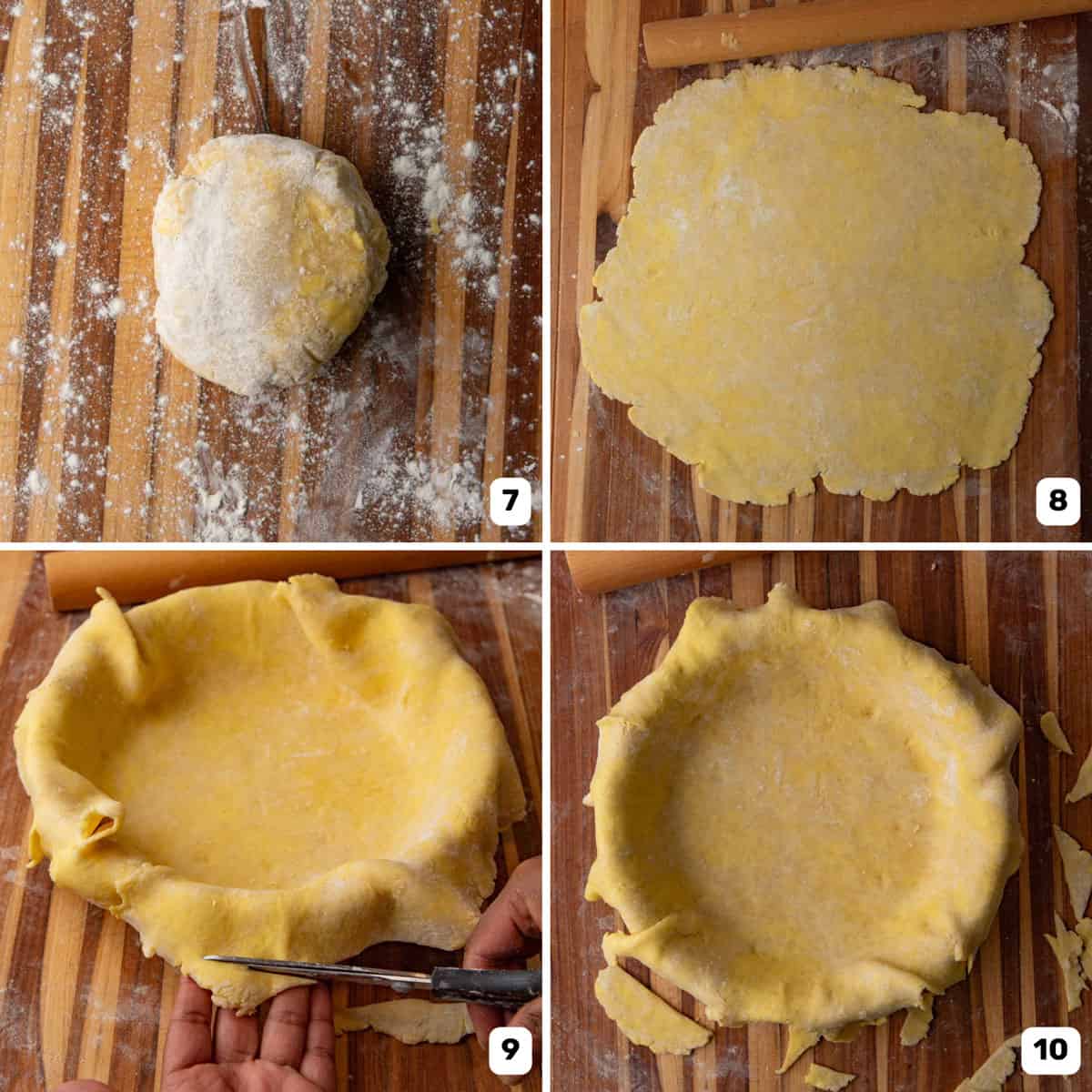 Rolling and lining the pie crust dough inside the pie pan.