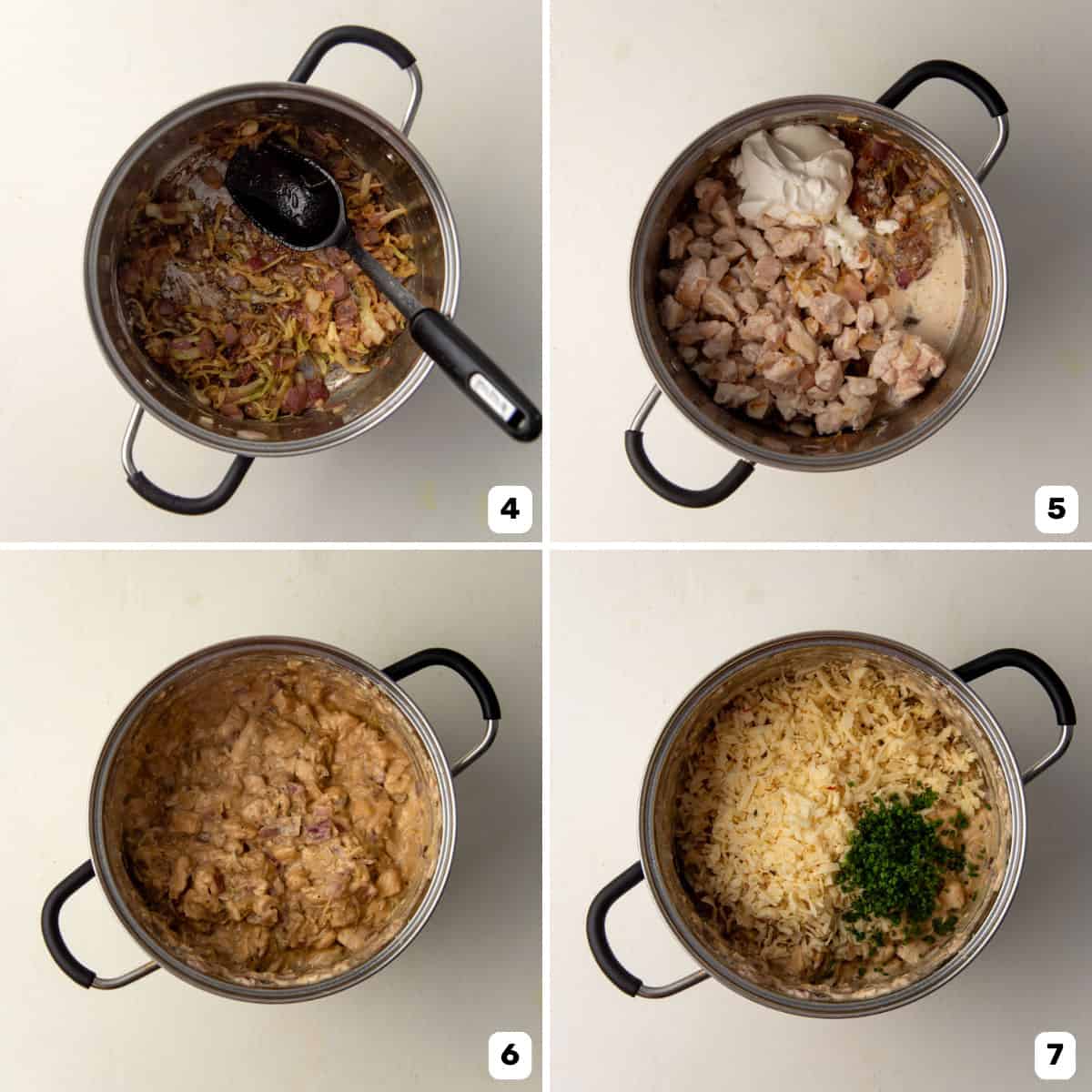 Making the creamy chicken pie filling in a saucepan and adding the cheese.