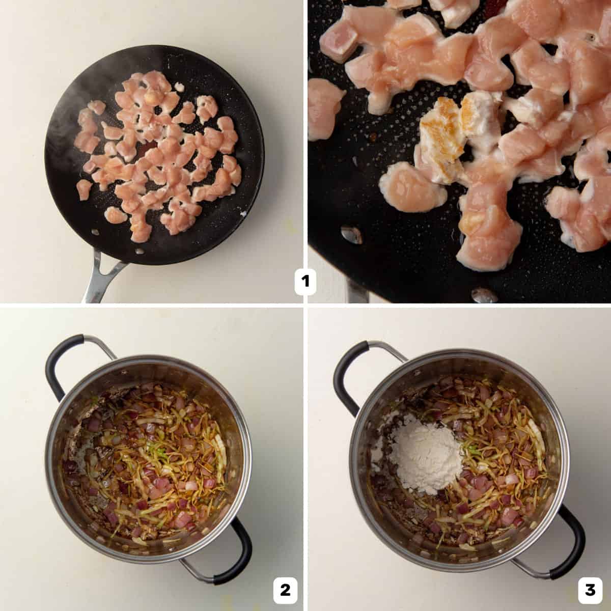Caramelizing chicken pieces and sautéing aromatics in a pan to make the chicken pie filling.