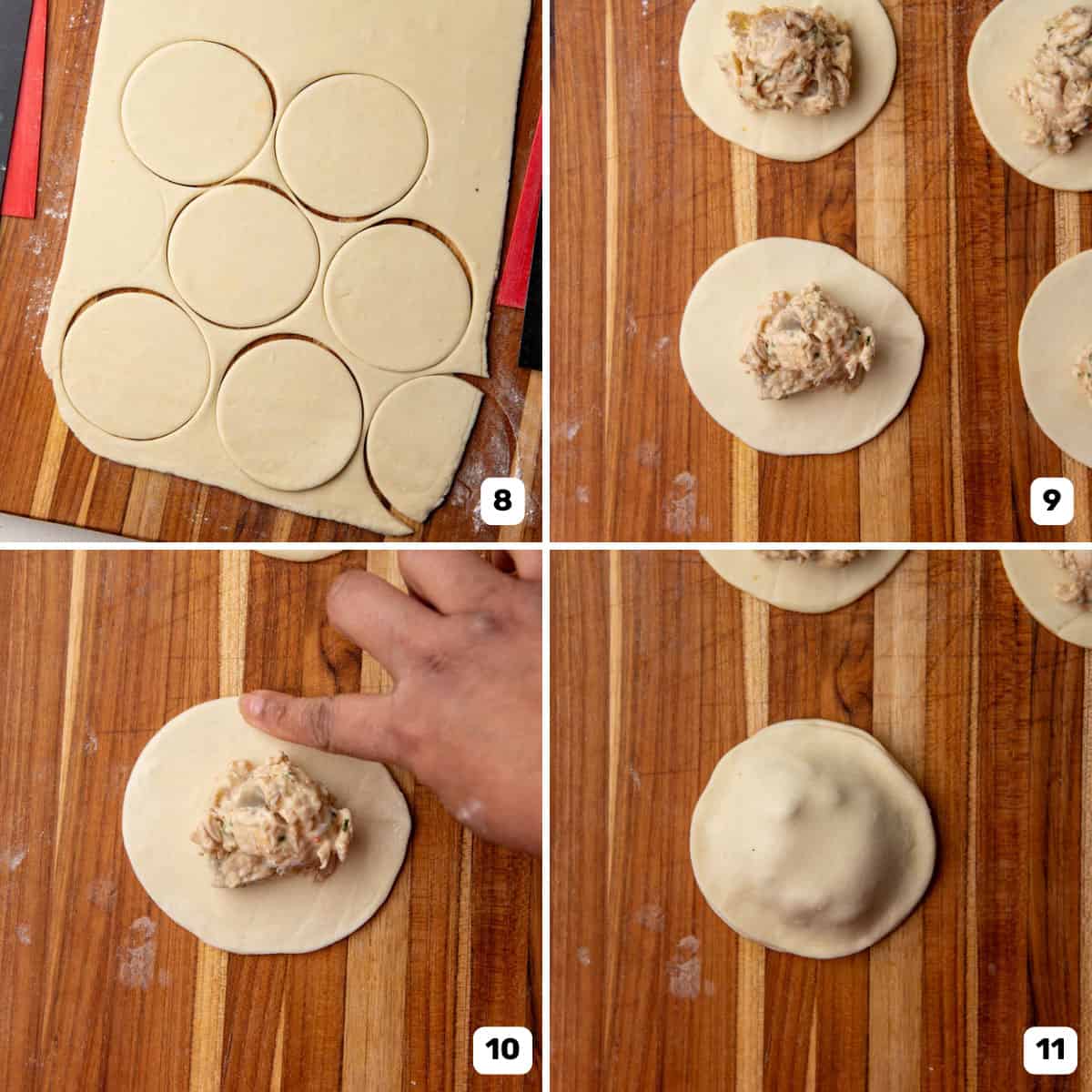 Assembling and creating mini chicken hand pies with homemade puff pastry.