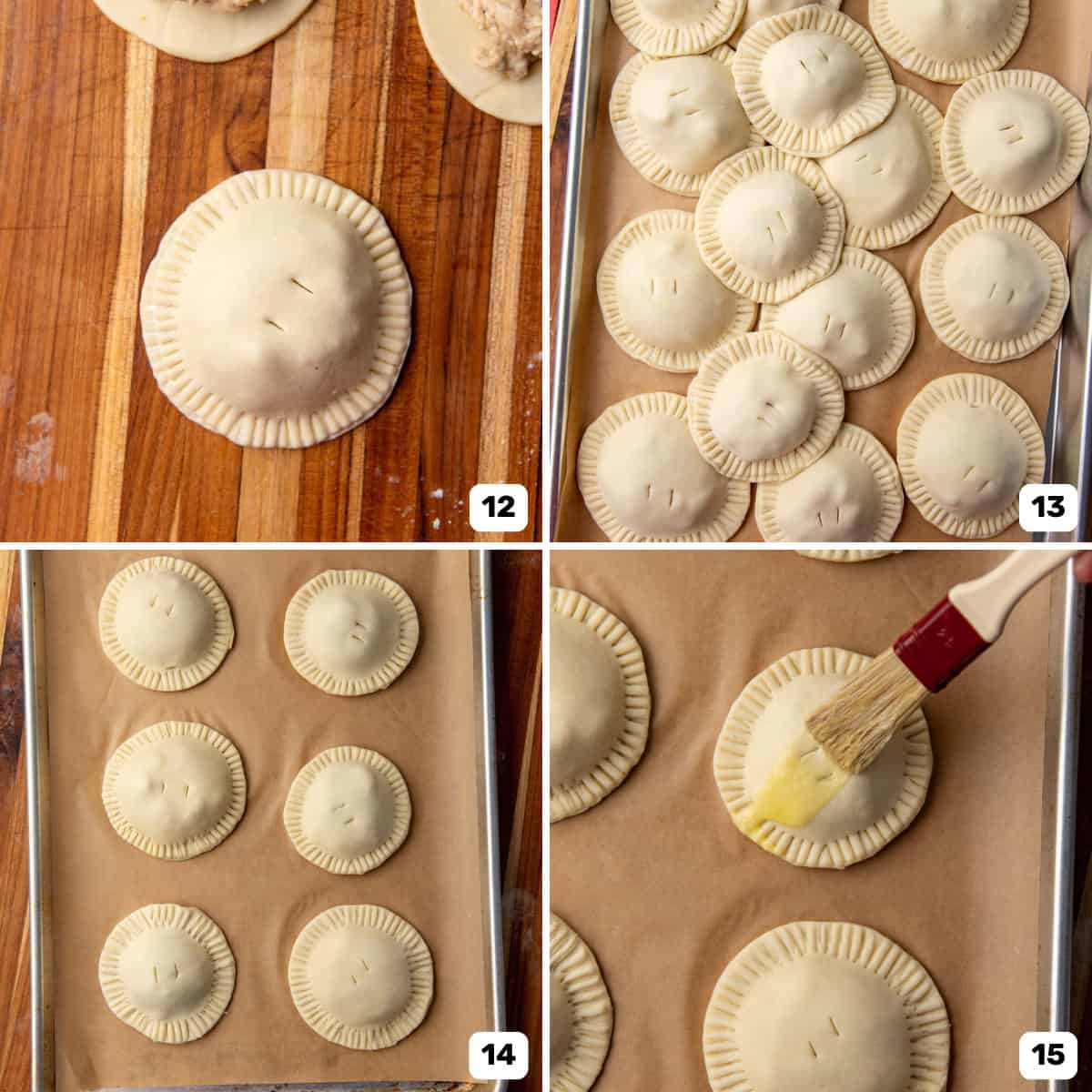 Crimping the edges and prepping mini pies for baking with an egg wash.