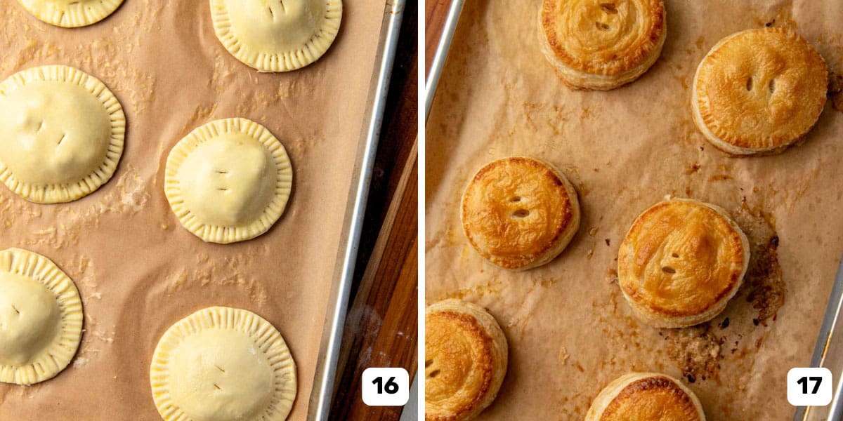 Before and after baking the mini puff pastry chicken pies with cheese.