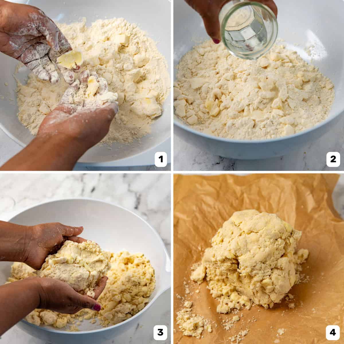 Step by step process of forming the pie crust dough.