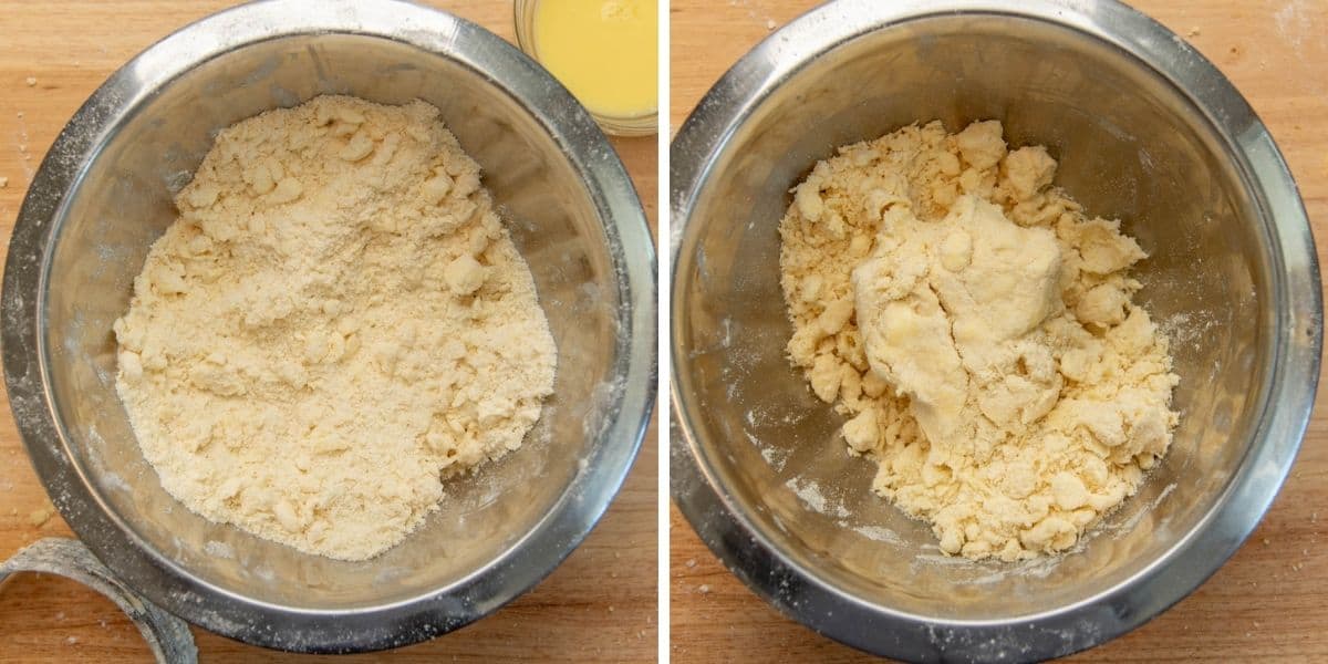 Forming the dough crust using a pastry cutter.