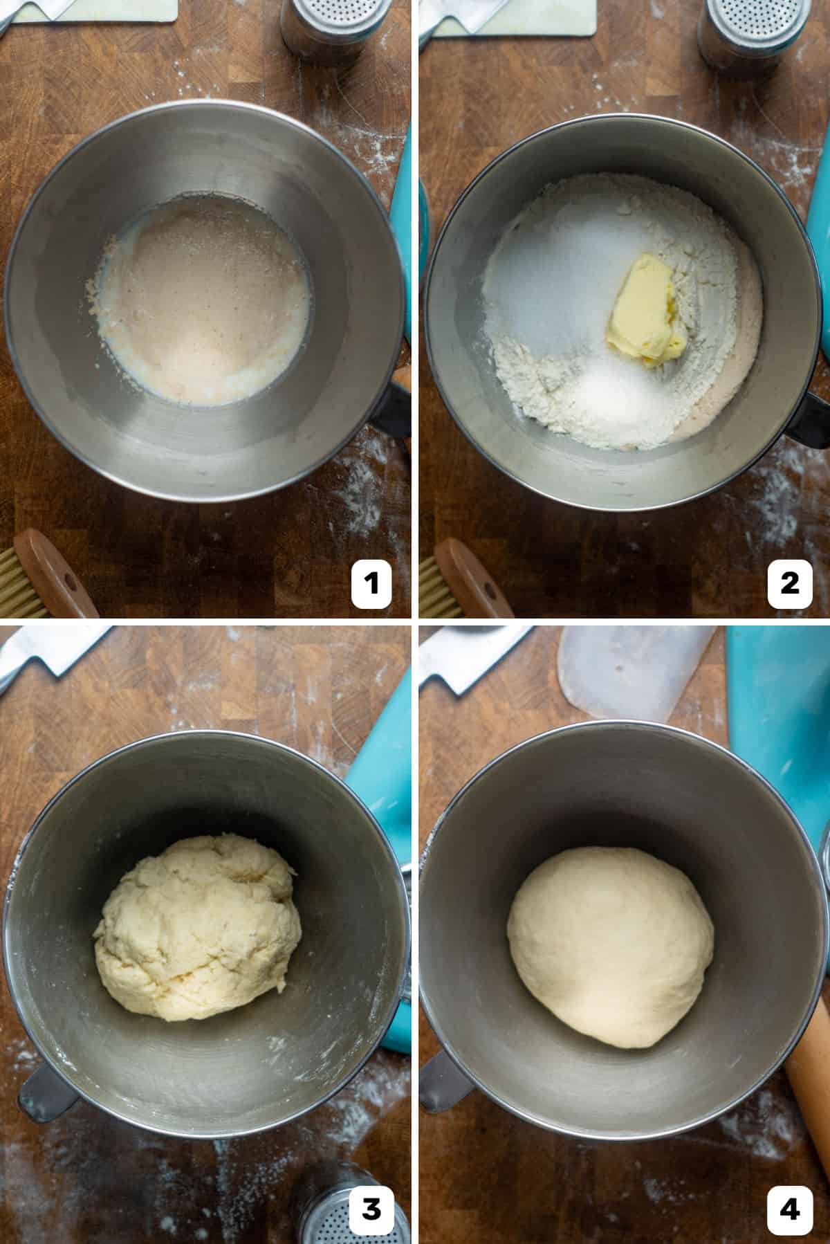 Activating yeast in a mixer bowl, then adding ingredients and making the dough in the bowl.