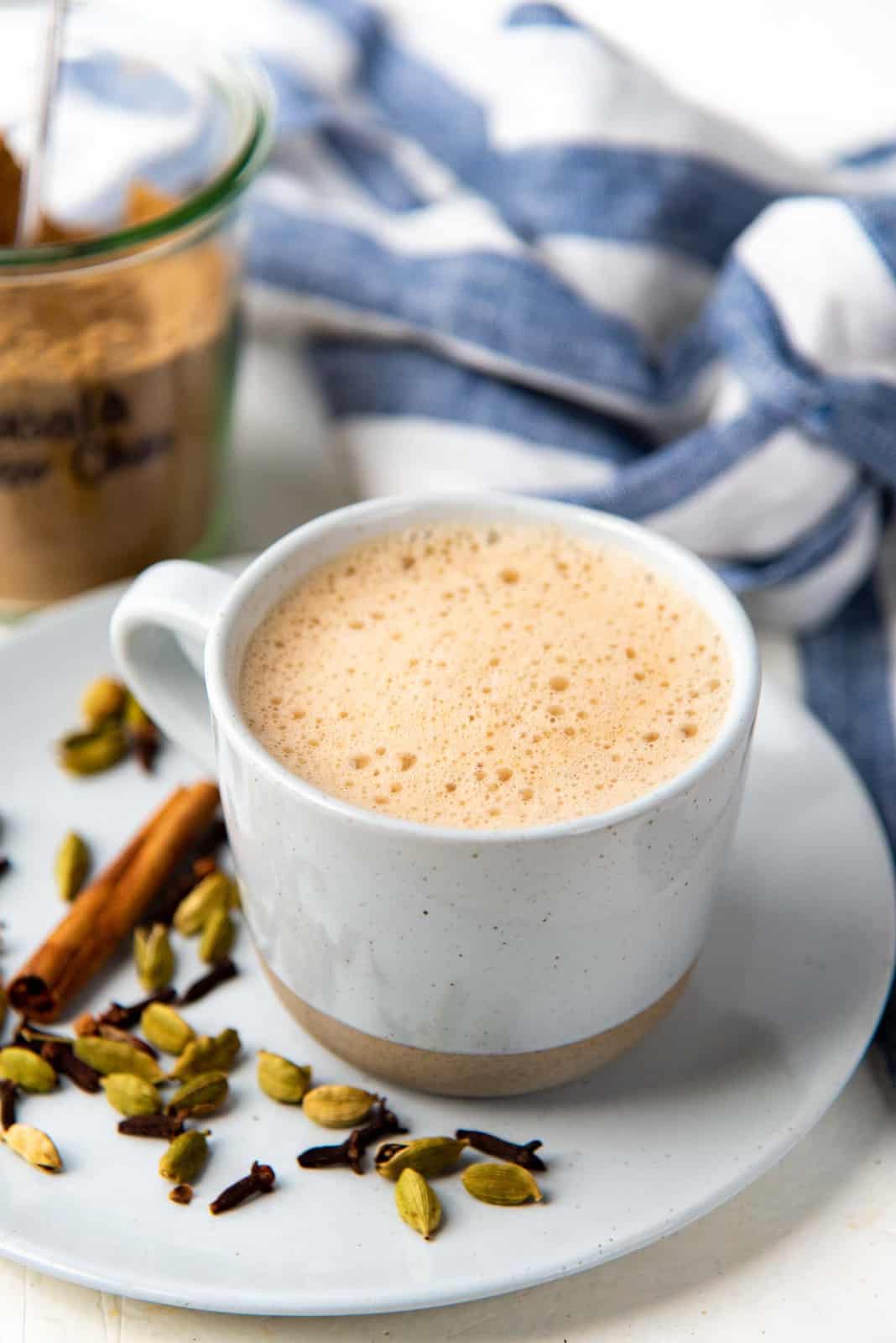 Masala chai, frothed and served in a mug
